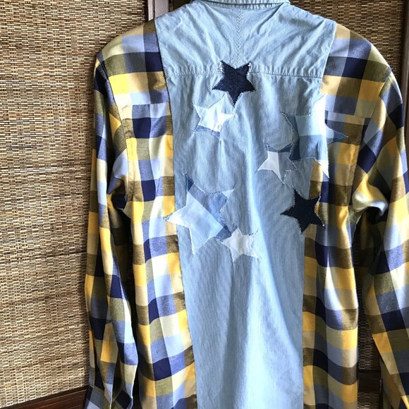 Mixed Plaid Button-Down Shirt: Upcycled Boho Top, Applique Stars, Funky Grunge - Picture 11 of 12